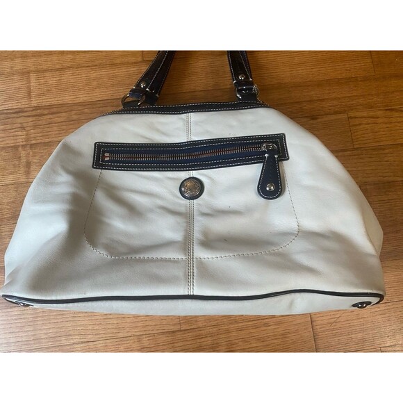 VTG Coach Beige & Navy Leather Tote Handbag With Kiss Lock Closure & Front Zip - Picture 7 of 8